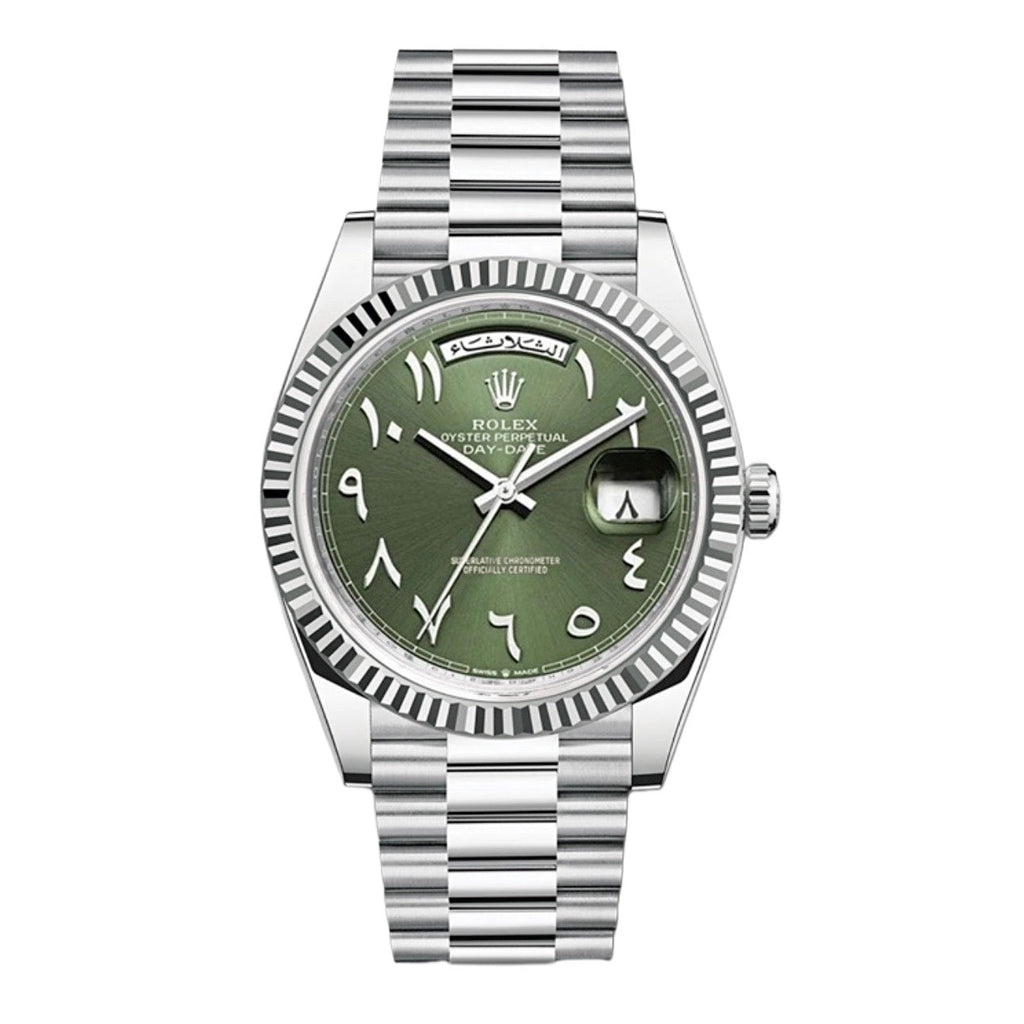 Rolex, Day-Date 40 Olive Green Special Arabic dial, Fluted Bezel, President bracelet, Platinum Watch 228236 ogap