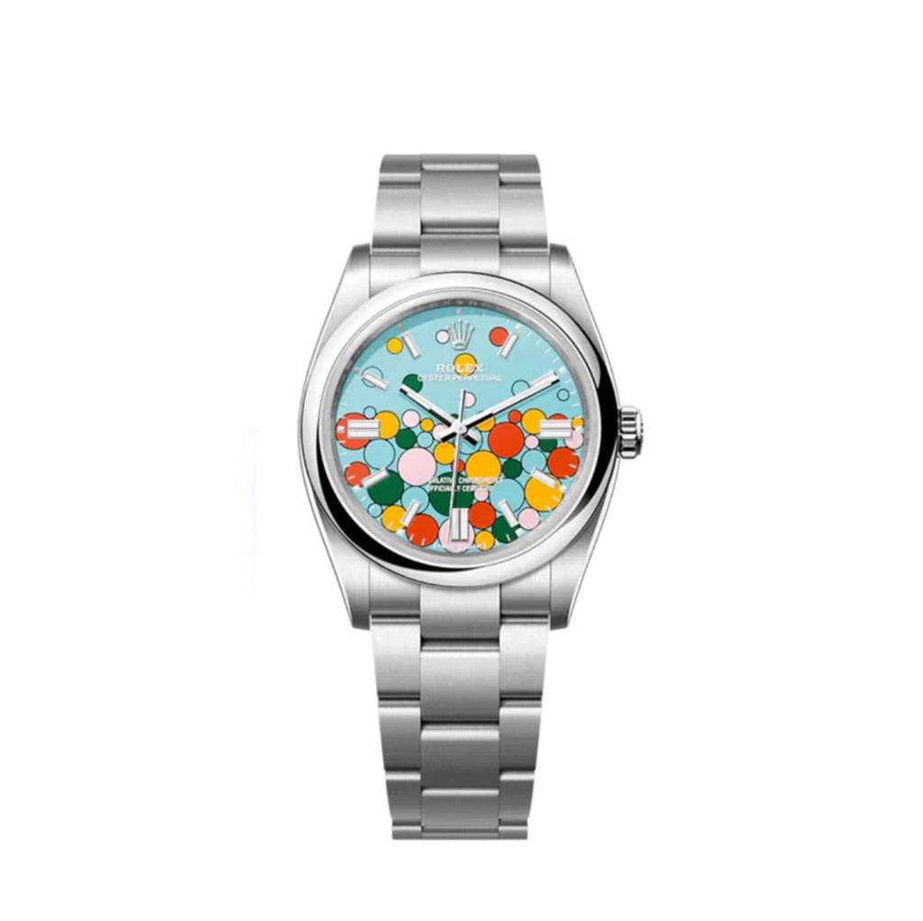 2023 Release "Bubbles" Rolex, Oyster Perpetual 36, Turquoise blue, Celebration motif dial, Oyster bracelet, Oystersteel Watch 126000
