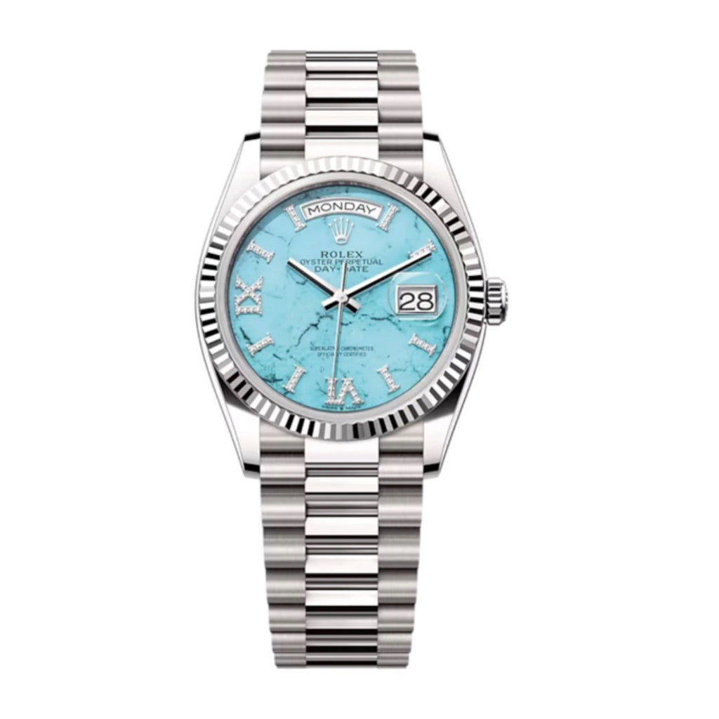 2023 Release Rolex, Day-Date 36, 18k white gold, Turquoise set with diamonds dial Watch 128239