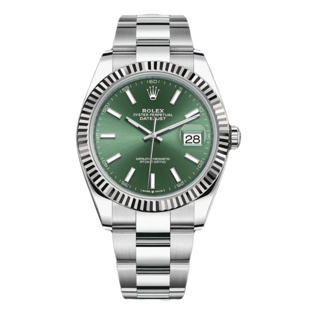 Rolex, Datejust 41mm, Stainless Steel Oyster bracelet, Green dial Fluted bezel, Stainless steel and 18k white gold Case Men's Watch 126334