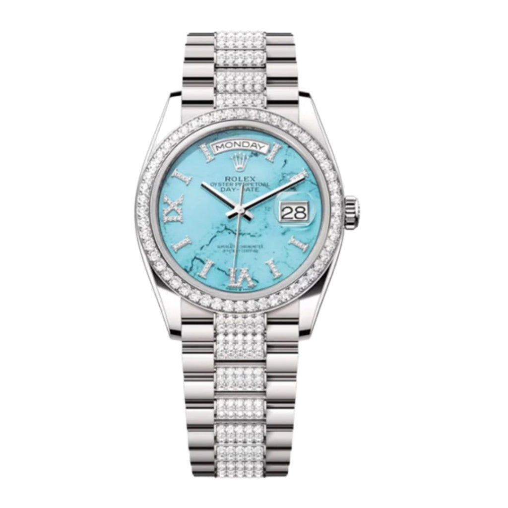 Rolex, Day-Date 36, Turquoise set with diamonds dial, Diamond President bracelet, 18k white gold Watch 128349RBR