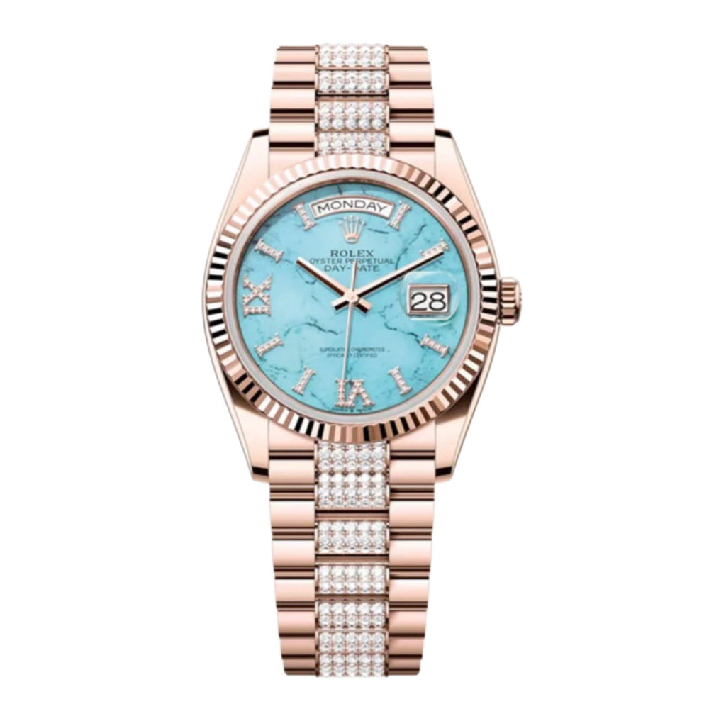 2023 RELEASE Rolex, Day-Date 36, Turquoise dial, Diamond-set President bracelet, 18k Everose gold Watch 128235