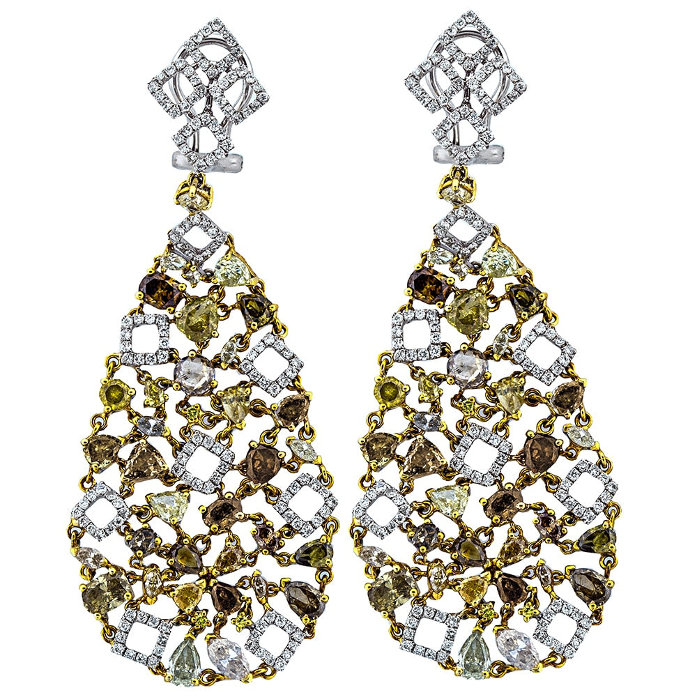 Beautiful 18k white gold Chandelier earrings with white and fancy yellow diamonds DE1116