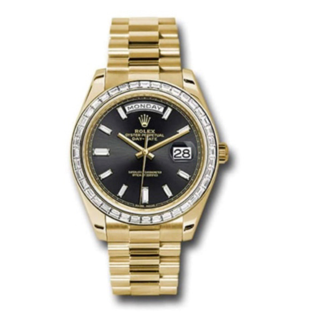 Rolex, Day-Date 40 Presidential Black dial, Watch Diamond Bezel, President bracelet, Yellow gold, 228398tbr-0001