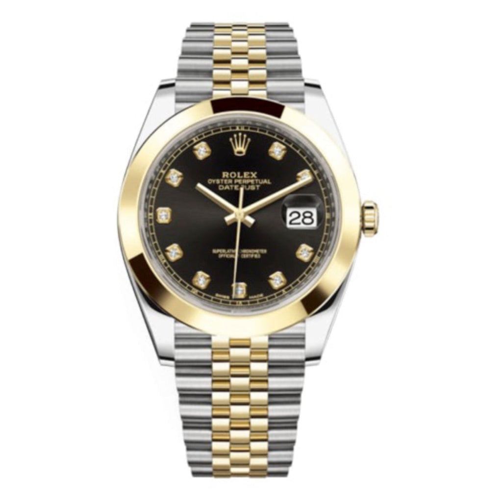 Rolex, Oyster Perpetual Datejust 41mm, Two-Tone Stainless Steel and 18k Yellow Gold Jubilee bracelet, Black Diamond dial Smooth bezel, Stainless Steel and 18k Yellow Gold Case Men's Watch, Ref. # 126303-0006