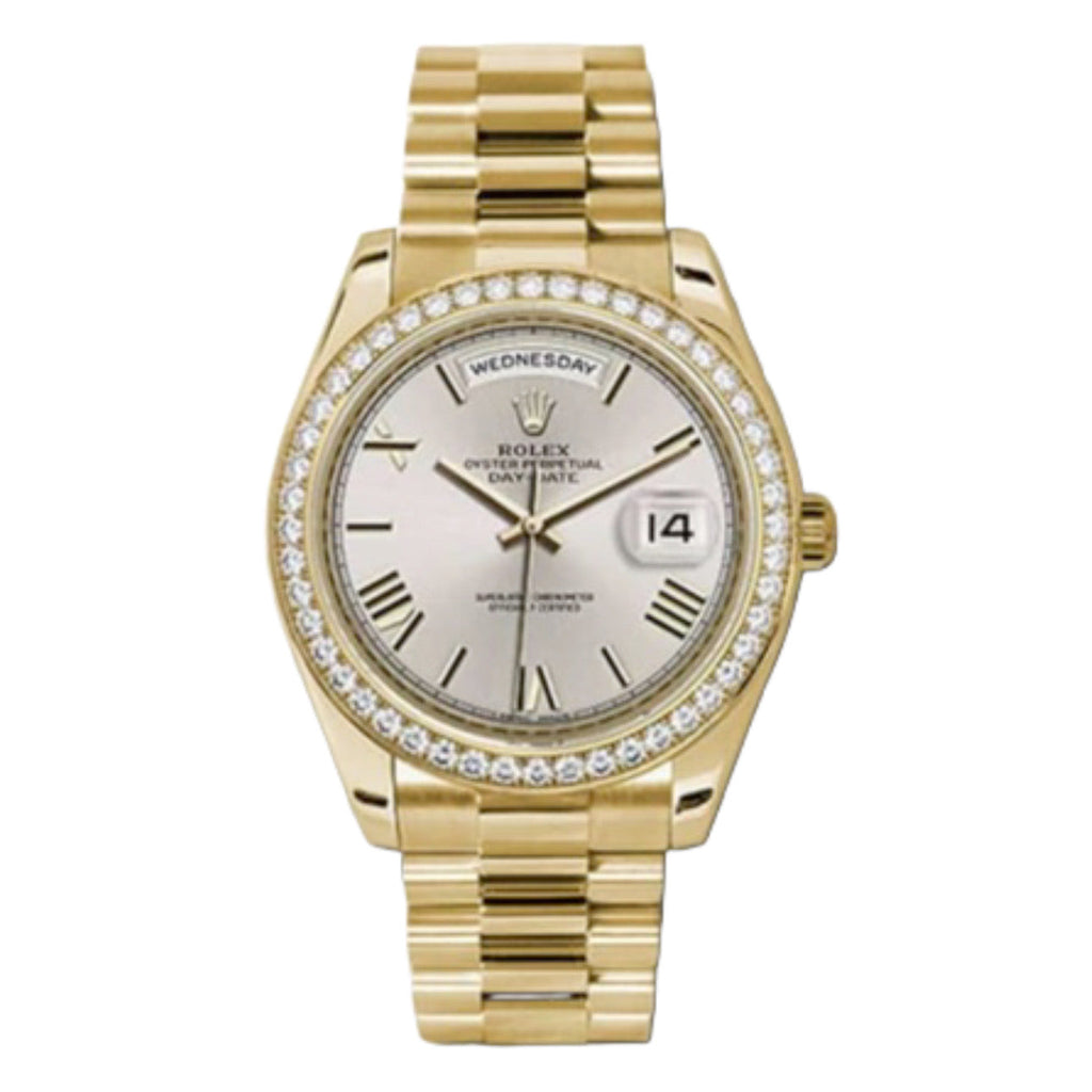 Rolex, Day-Date 40 Presidential, Silver dial, Diamond Bezel, President bracelet, Yellow gold Watch 228348rbr-0007