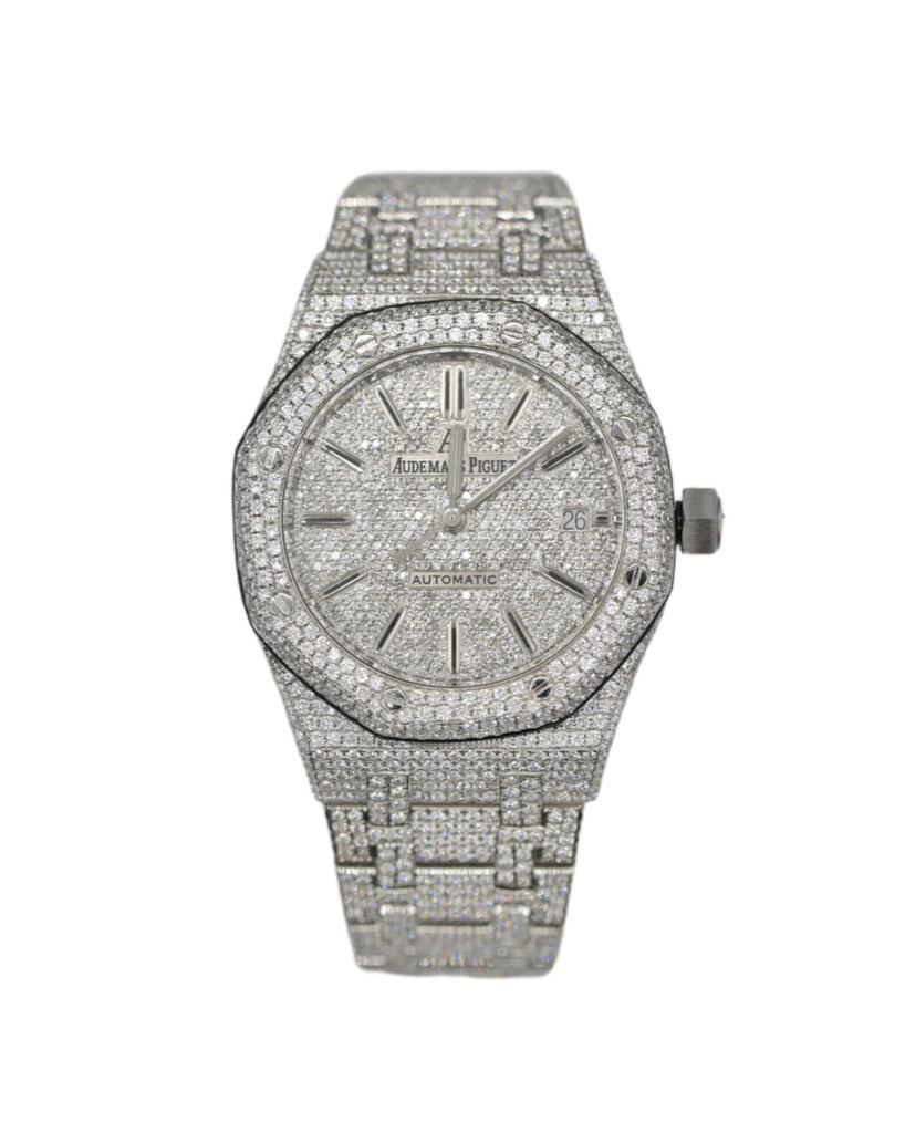 Custom Iced Out Audemars Piguet, Royal Oak 41mm, Stainless steel bracelet, Silver-toned Dial, Mens Watch, Ref. # 15400