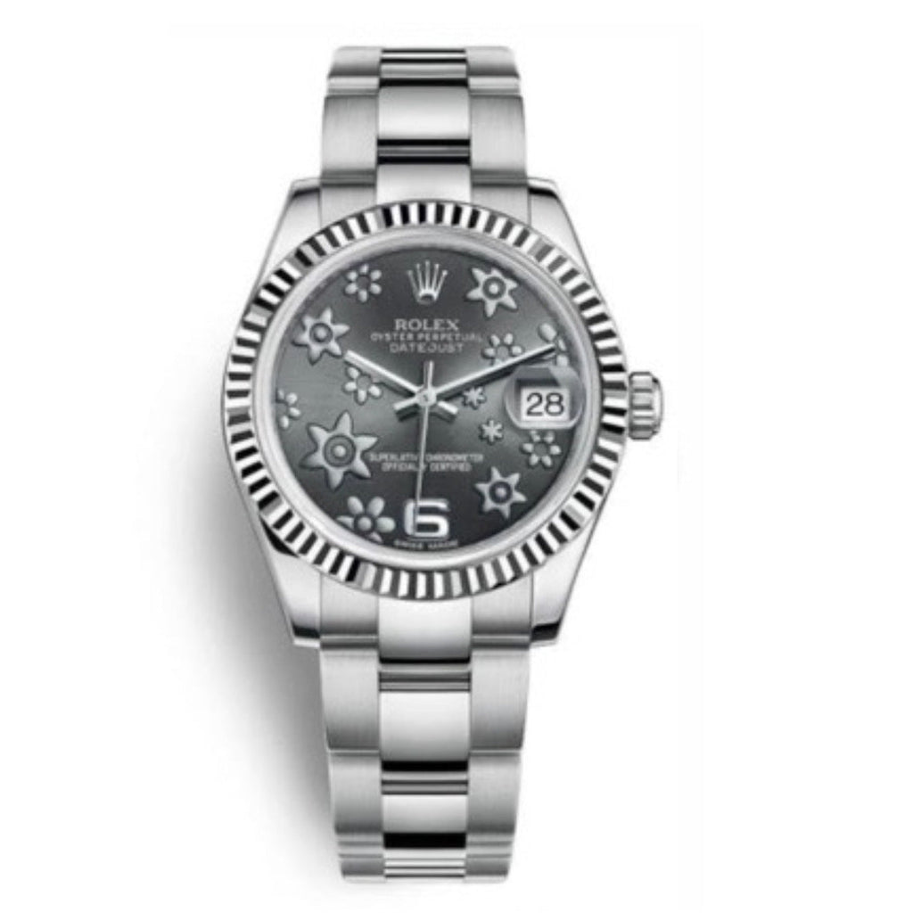 Rolex, Datejust 31 Watch Dark rhodium dial, Stainless steel Oyster Bracelet, 18k White Gold Fluted Bezel 178274-0091