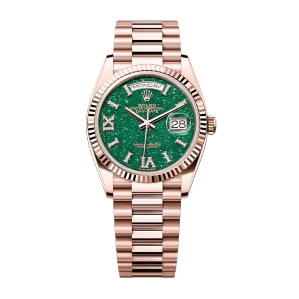 Rolex, Day-Date 36, Green aventurine set with diamonds dial, President bracelet, 18k Everose gold Watch 128235