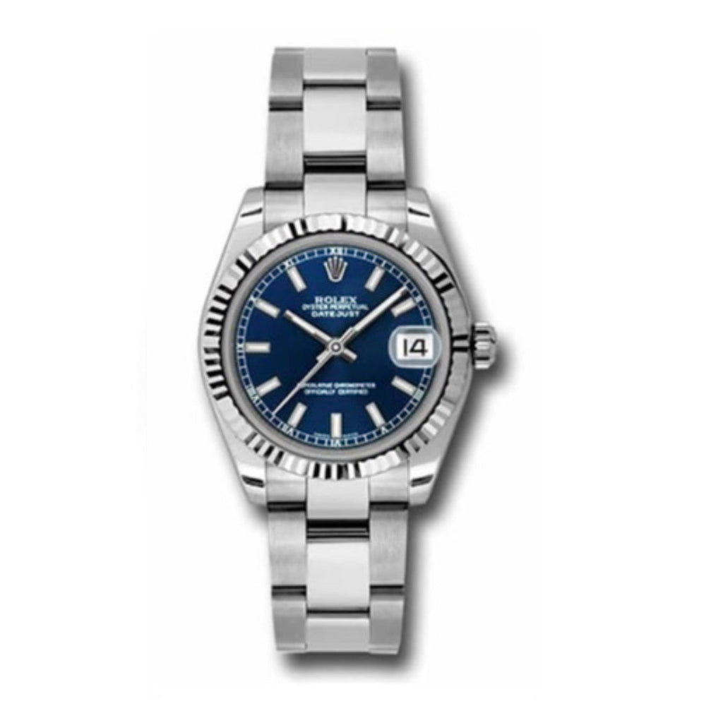 Rolex, Datejust 31 Watch Blue Dial, Stainless steel Oyster Bracelet, 18k White Gold Fluted Bezel 178274-0038