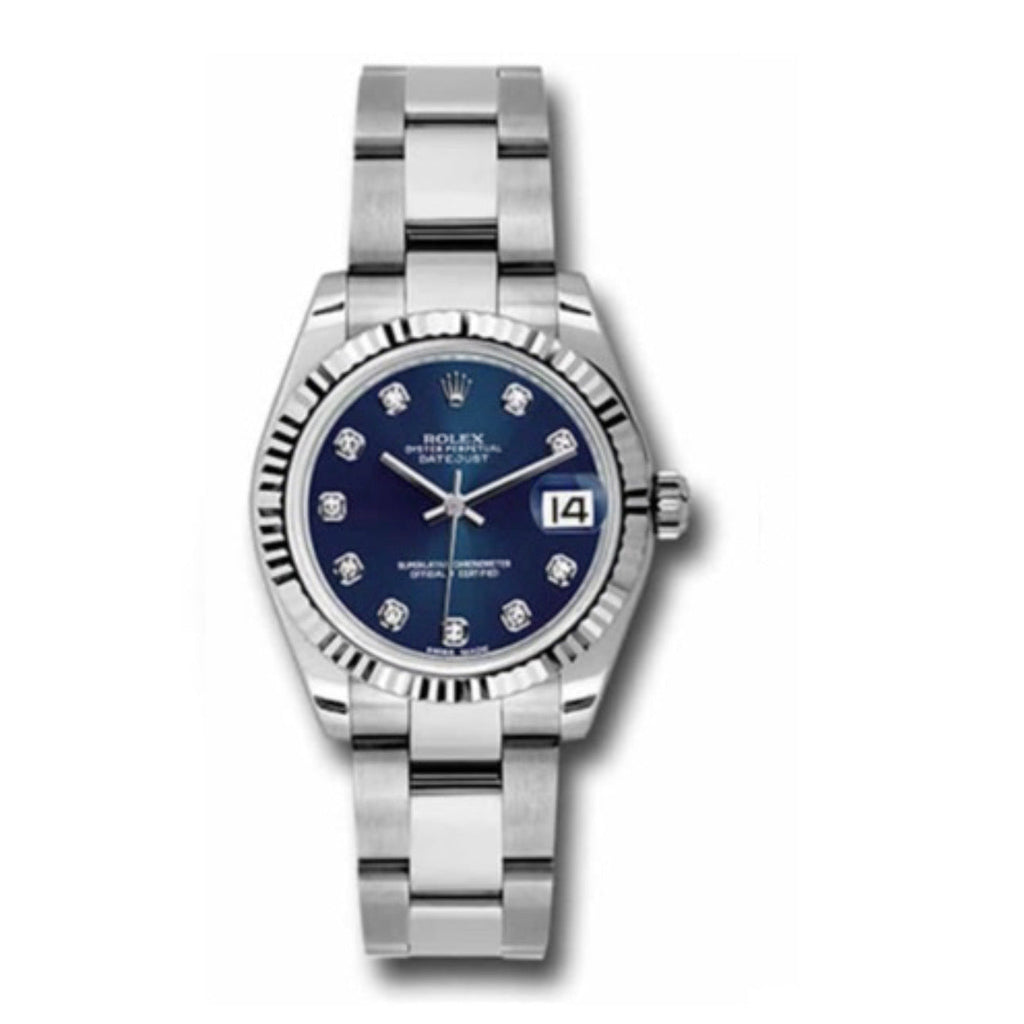 Rolex, Datejust 31 Watch Blue Dial, Stainless steel Oyster Bracelet, 18k White Gold Fluted Bezel 178274-0061