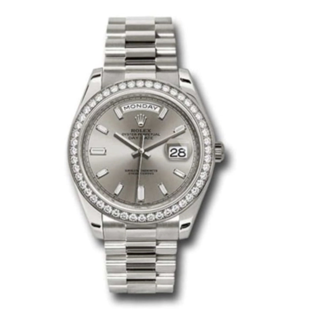 Rolex, Day-Date 40 Presidential Silver dial, Diamond Bezel, President bracelet, White gold Watch 228349rbr-0001