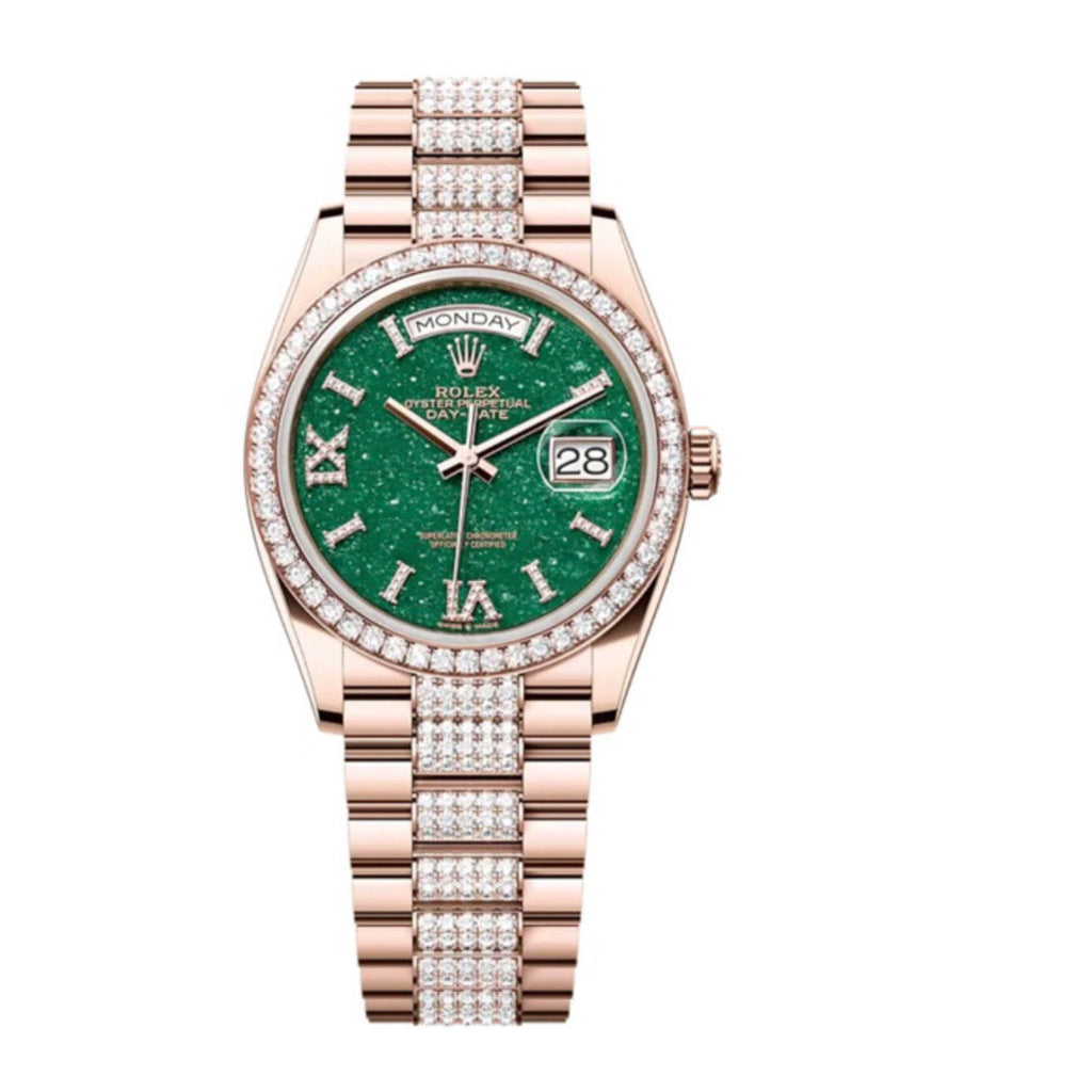 2023 Release Rolex, Day-Date 36 ref. # 128345RBR, Diamond President bracelet, Green aventurine set with diamonds dial Watch