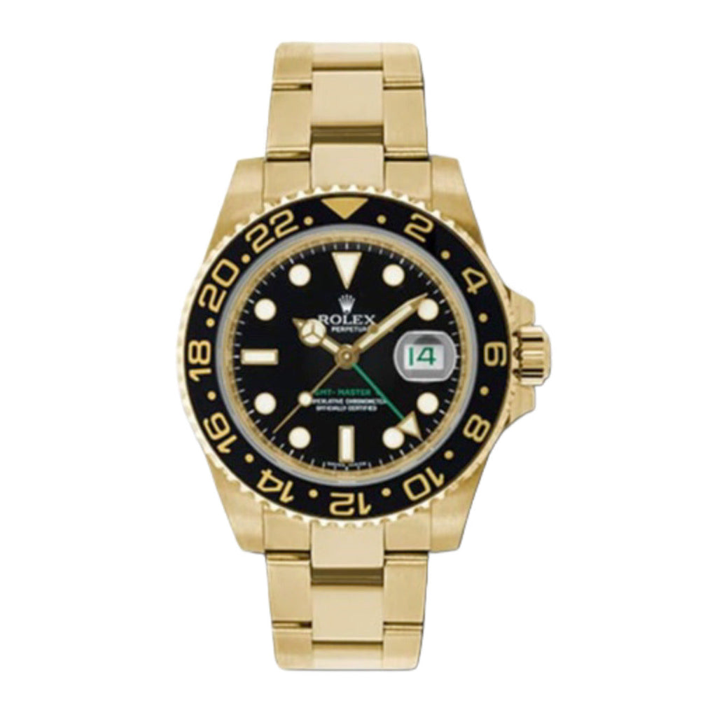 Rolex, GMT-Master II Black Index Dial Oyster Bracelet 18k Yellow Gold Mens Watch 116718BK