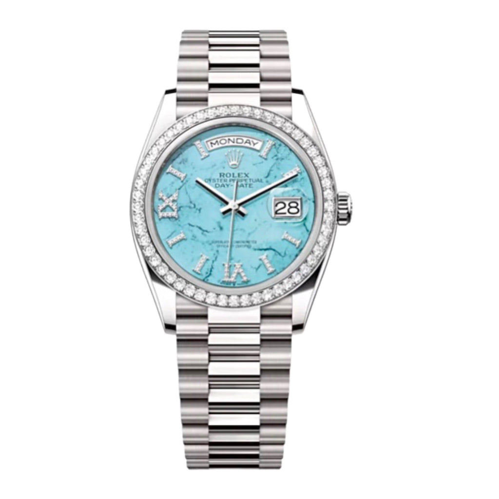 2023 RELEASE Rolex, Day-Date 36, Turquoise set with diamonds dial, President bracelet, 18k white gold Watch 128349RBR