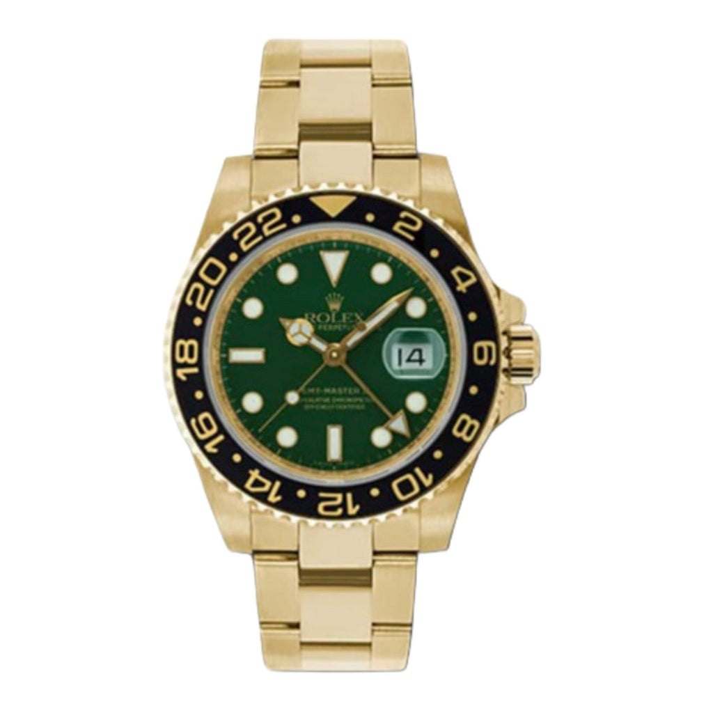 Rolex, GMT-Master II Green Dial Oyster Bracelet 18k Yellow Gold Mens Watch 116718G