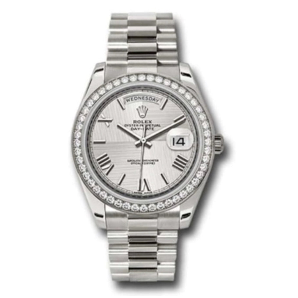 Rolex, Day-Date 40 Presidential Silver dial, Diamond Bezel, President bracelet, White gold Watch 228349rbr-0004