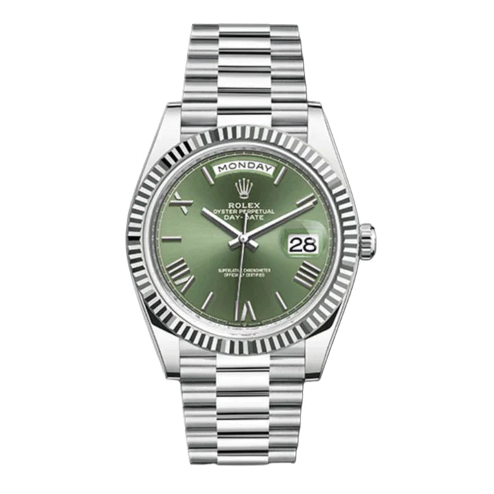 Rolex, Day-Date 40 Olive Green Roman dial, Fluted Bezel, President bracelet, Platinum Watch 228236 ogrp