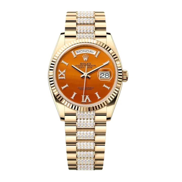 Rolex, Day-Date 36, Carnelian set with diamonds dial, Diamond  President bracelet, 18k yellow gold Watch 128238-0089