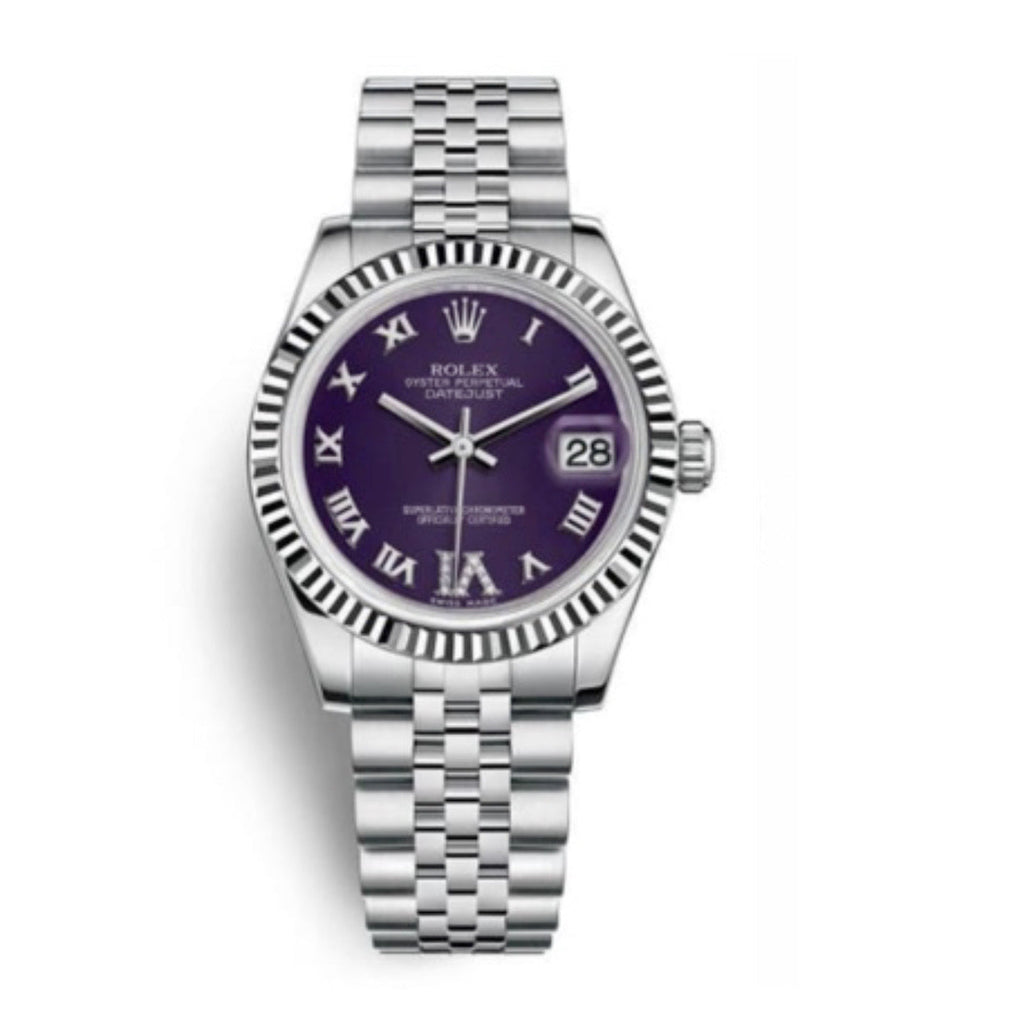 Rolex, Datejust 31 Watch Purple dial, Stainless steel Jubilee Bracelet, 18k White Gold Fluted Bezel 178274-0088