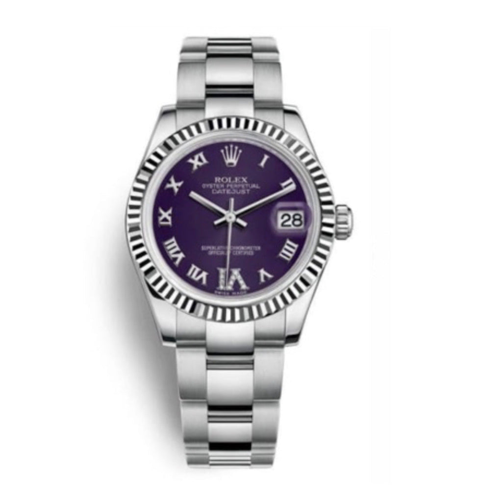 Rolex, Datejust 31 Watch Purple dial, Stainless steel, Oyster Bracelet, 18k White Gold Fluted Bezel 178274-0087