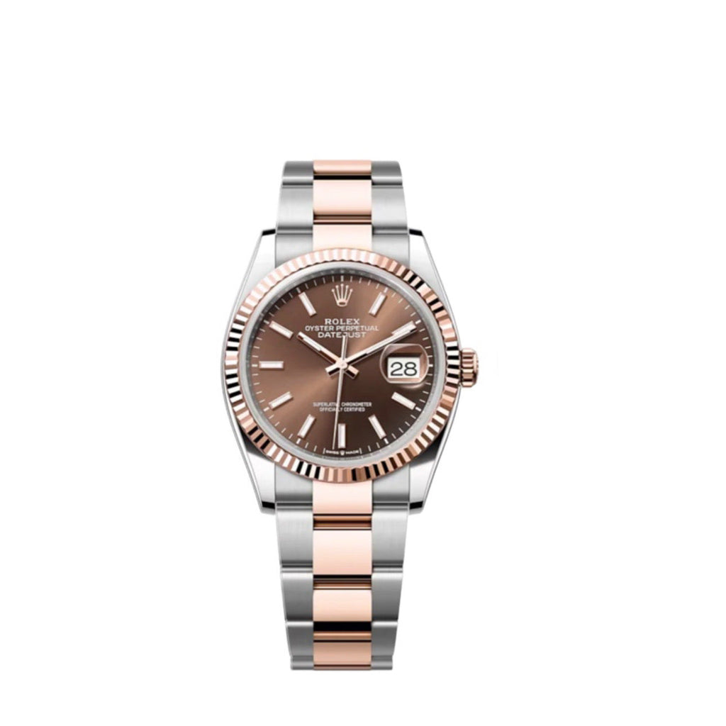 Rolex, Datejust 36, Fluted bezel, Chocolate dial, Oyster bracelet, Oystersteel and 18k Everose gold Watch 126231