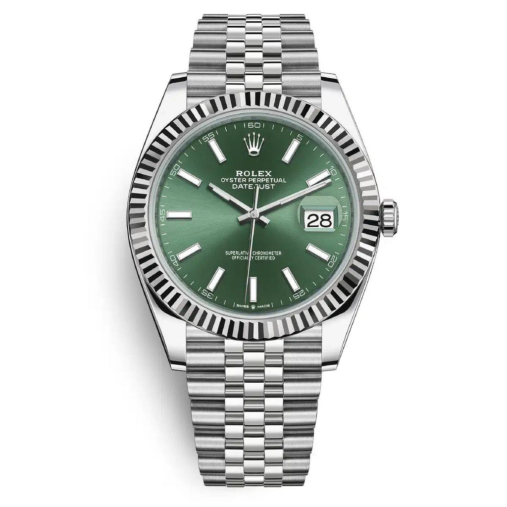 Rolex, Datejust 41mm, Stainless Steel Jubilee bracelet, Green dial Fluted bezel, Stainless steel and 18k white gold Case Men's Watch 126334