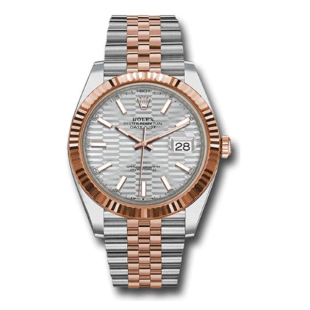 Rolex, Datejust 41mm, Two-Tone Stainless Steel and 18k Rose Gold Jubilee bracelet, Silver Motif dial Fluted bezel, Men's Watch 126331