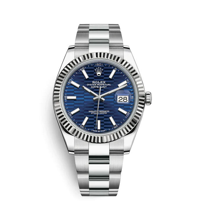 Rolex, Datejust 41mm, Stainless Steel Oyster bracelet, Blue Motif dial Fluted bezel, Oystersteel and 18k white gold Case Men's Watch 126334