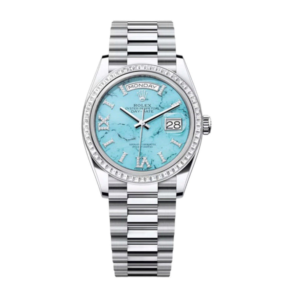 Rolex, Day-Date 36, Turquoise set with diamonds dial, President bracelet, Platinum Watch 128396TBR