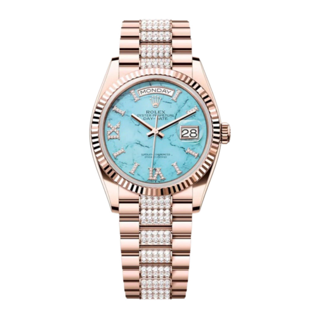 Rolex, Day-Date 36, Turquoise dial, Diamond-set President bracelet, 18k Everose gold Watch 128235