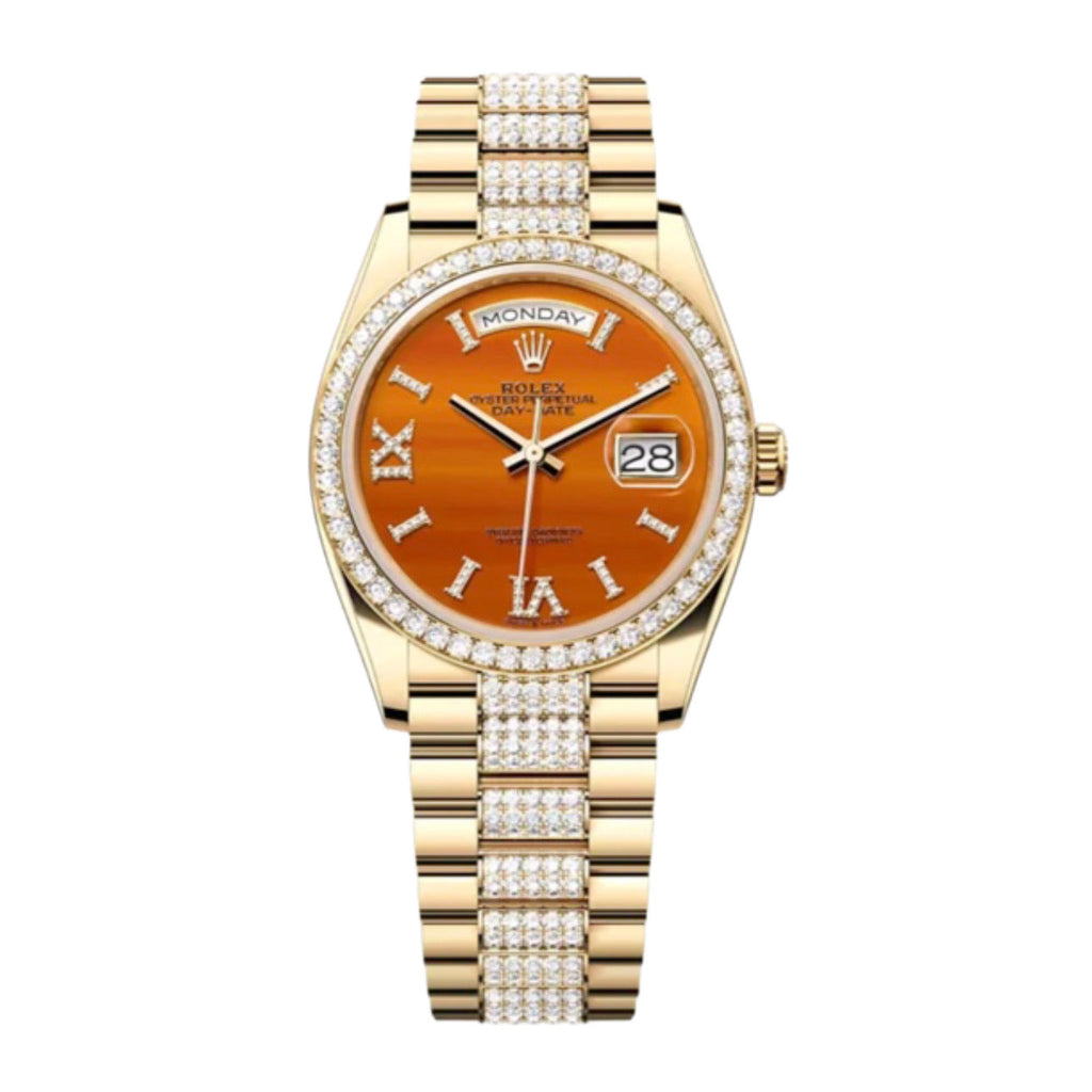 Rolex, Day-Date 36, Carnelian set with diamonds dial, Diamond-set President bracelet, 18k yellow gold Watch 128348RBR-0050