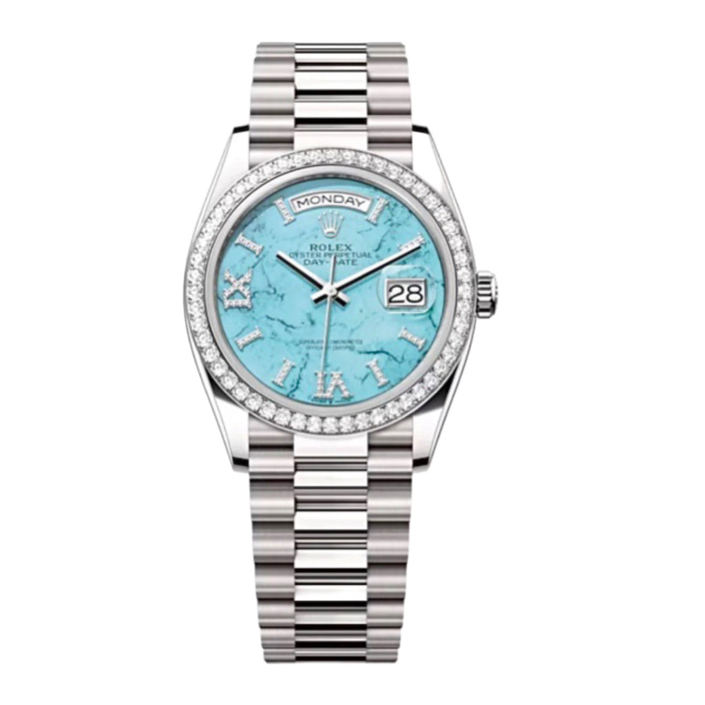 Rolex, Day-Date 36, Turquoise set with diamonds dial, President bracelet, 18k white gold Watch 128349RBR