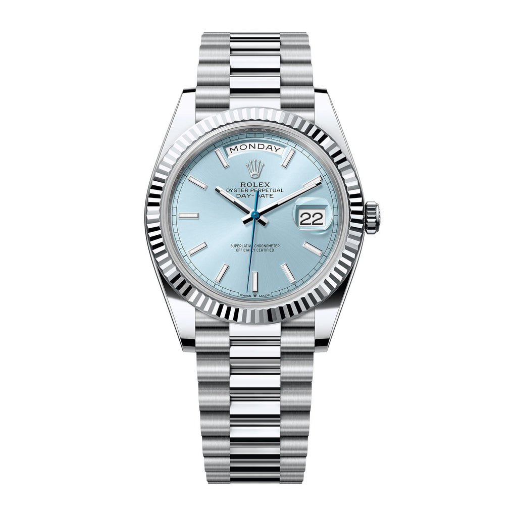 2023 RELEASE Rolex, Day-Date 40, Ice blue dial, President bracelet, Platinum Watch 228236