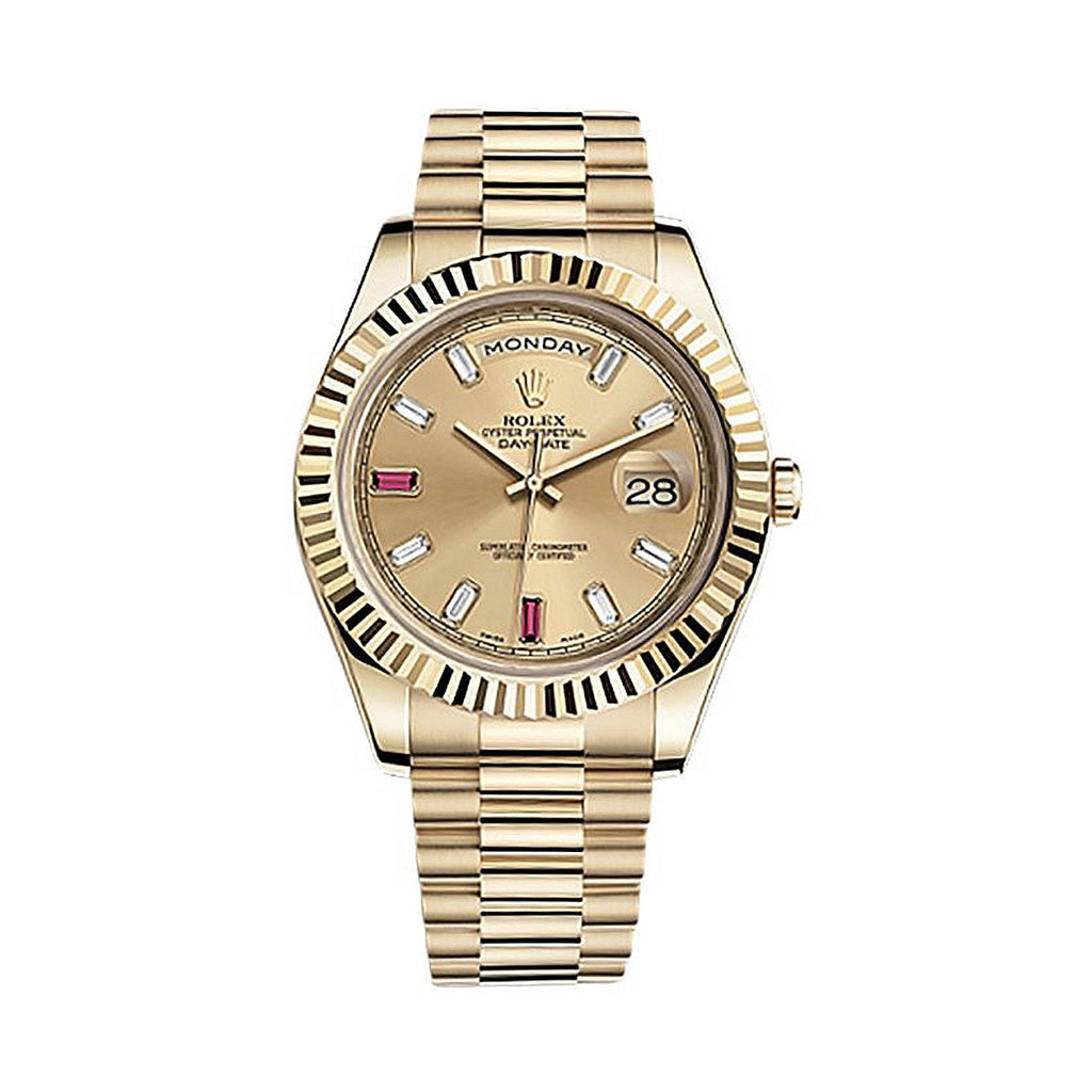 Rolex, Day-Date II President 41mm Champagne Baguette Diamond Ruby Gold 218238 Watch