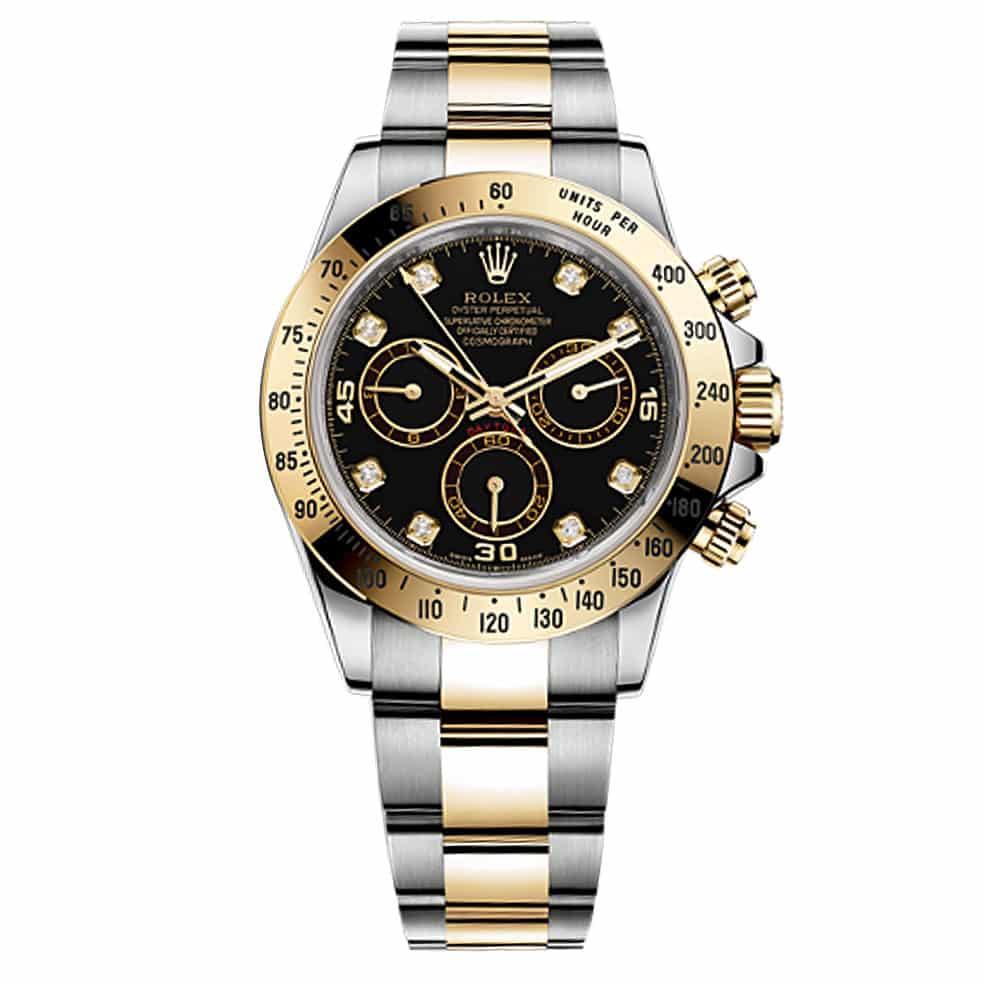 Rolex Daytona Black Diamond Dial 18k Yellow Gold and Stainless Steel Men's Watch 116523 BKD