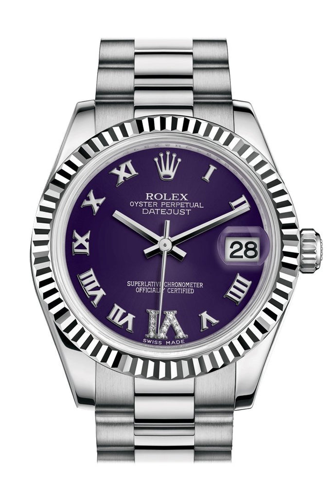 Rolex, Ladies Watch Datejust 31mm Purple dial, White Gold Fluted Bezel, President, 178279 pdrp
