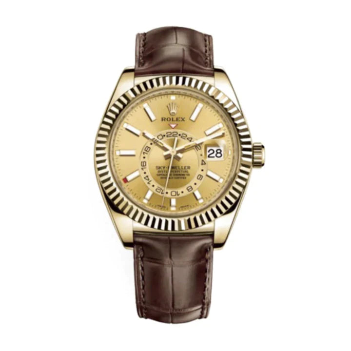 Rolex, Sky-Dweller Champagne dial Watch Automatic 18kt Yellow Gold Leather Strap 326138-0006