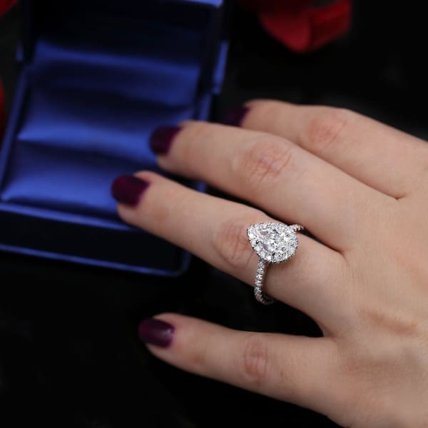 Amazing pear shaped engagement ring with 2.01 tdw ENG-15005,  Ring on a finger