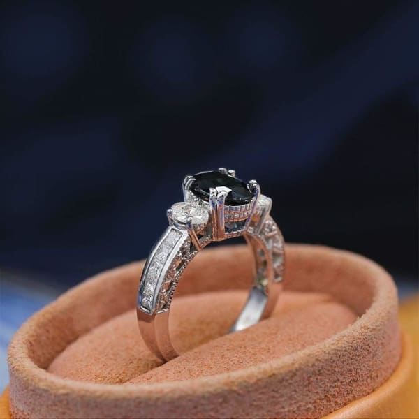 Beautiful 14k White Gold Engagement Ring features 2.00ct Black Sapphire and 1.25ct Diamonds DS-4561503