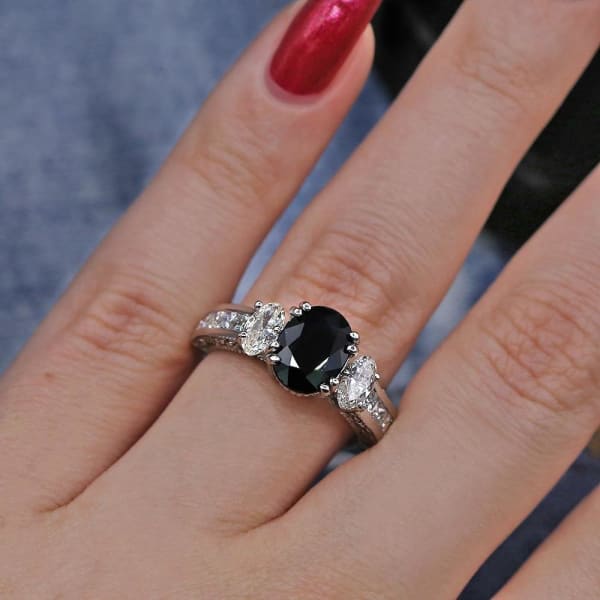 Beautiful 14k White Gold Engagement Ring features 2.00ct Black Sapphire and 1.25ct Diamonds DS-4561503, Ring on a finger