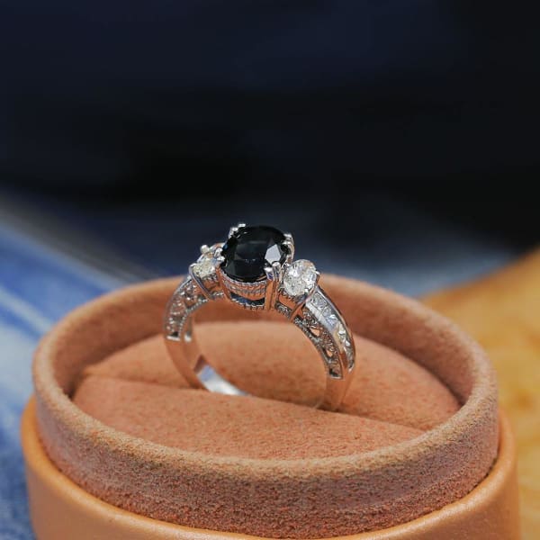Beautiful 14k White Gold Engagement Ring features 2.00ct Black Sapphire and 1.25ct Diamonds DS-4561503, side