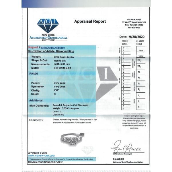 Beautiful Round shape engagement ring , 1.50 ct tdw, 14kt WG, G color VS2. ENG-7506, Appraisal report
