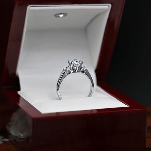 Beautiful three-stone Platinum engagement ring with 1.01ct Center Round Diamond ENG-11500, Ring in packing