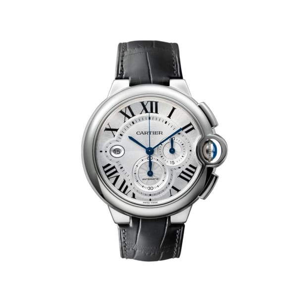 Cartier Ballon Bleu Automatic Silver Dial Stainless Steel Black Leather Mens Watch W69016Z4 chronograph