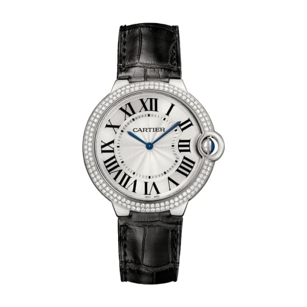 Cartier Ballon Bleu Silver Dial Alligator Leather Diamond Mens Watch WE902056