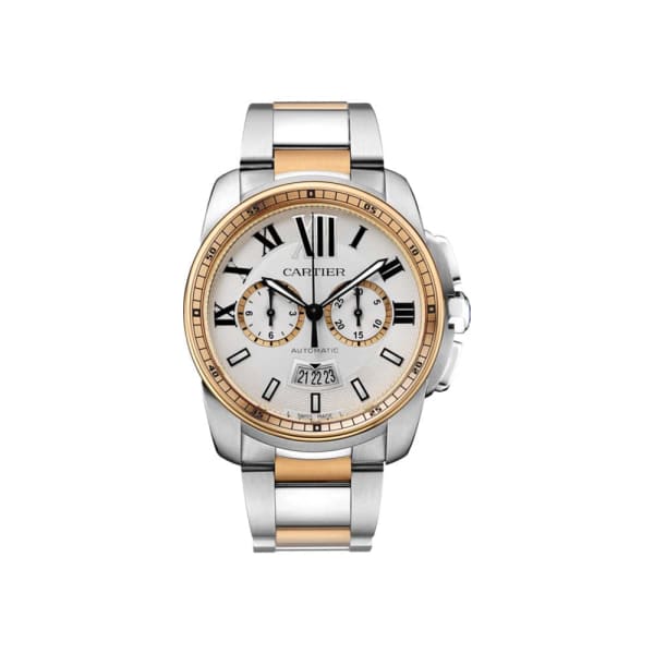 Cartier, Calibre de Cartier, Silver Dial Steel and 18kt Pink Gold Automatic Mens Watch, Ref. # W7100042