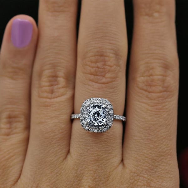 Certified 14k White Gold Engagement ring with Center 1.66ct Cushion cut Diamond DS-30005, Ring on a finger