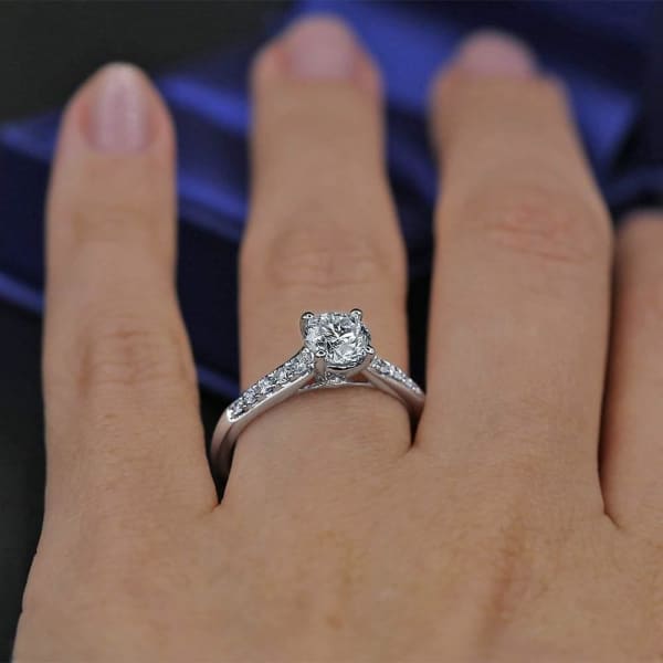 Certified 14k White Gold Engagement Ring with Solitaire 1.08ct Round Cut Diamond ENG-14000, Ring on a finger
