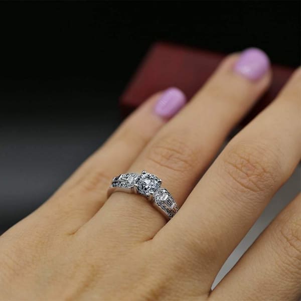 Charming Engagement Ring with Center Round 1.08ct Diamond and side Diamonds RN-10000, Ring on a finger 